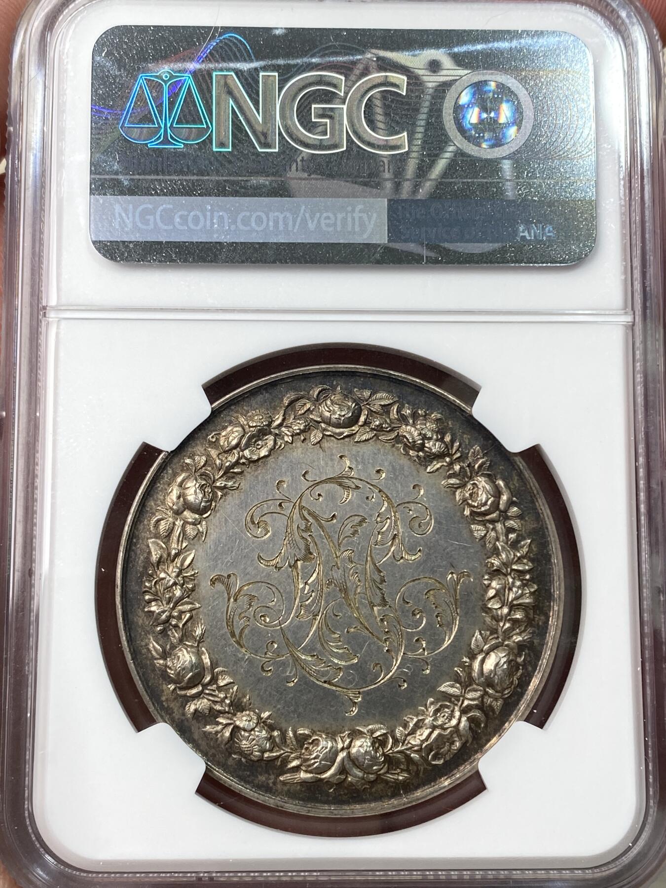 万国钱币拍卖第059期 NGC MS61 1892年法国结婚纪念银章 花体字非常漂亮