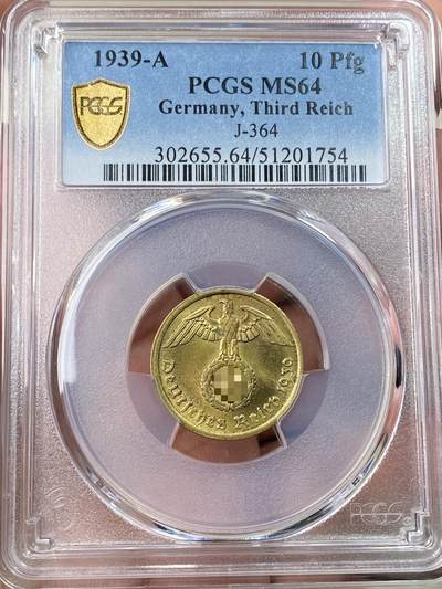 万国钱币拍卖第059期 - PCGS MS64 1939年德国民族社会主义工人党10芬尼铜币 金光顶级品质（原图请私信后台或自行查询官网）
