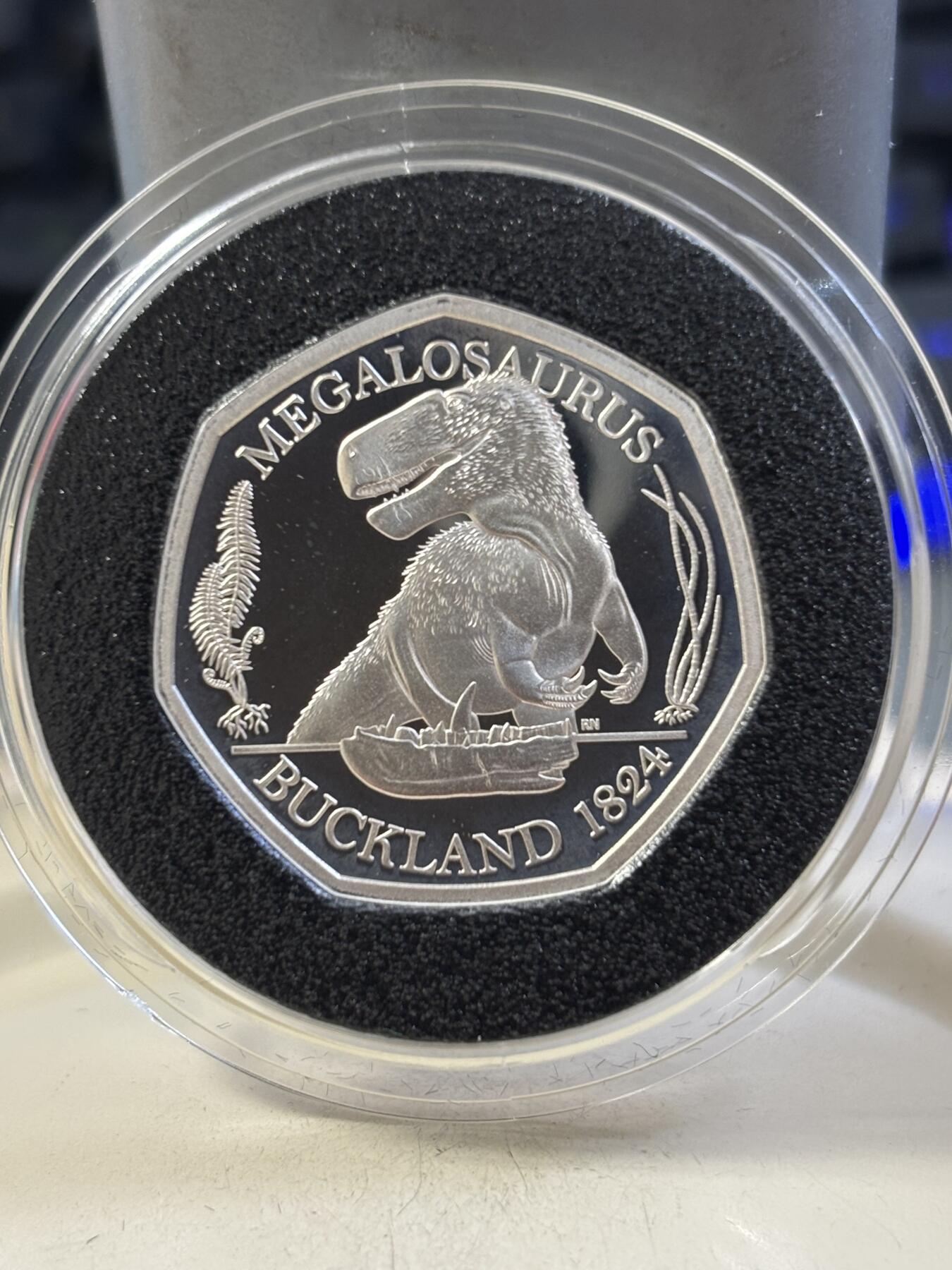 第189期拍卖 英国2020年自然博物馆恐龙系列斑龙精制纪念银币，925银，8克，发行3000枚。有氧化