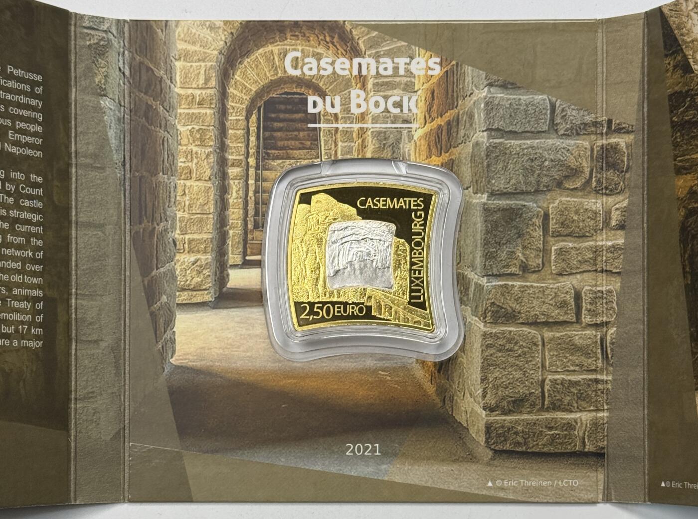 S&S Numismatic世界钱币-拍卖 第119期  卢森堡2021年 杰出建筑系列6-卢森堡博克要塞的地下防御工事系统 2.5欧元银+北欧金双色纪念币 官方卡币