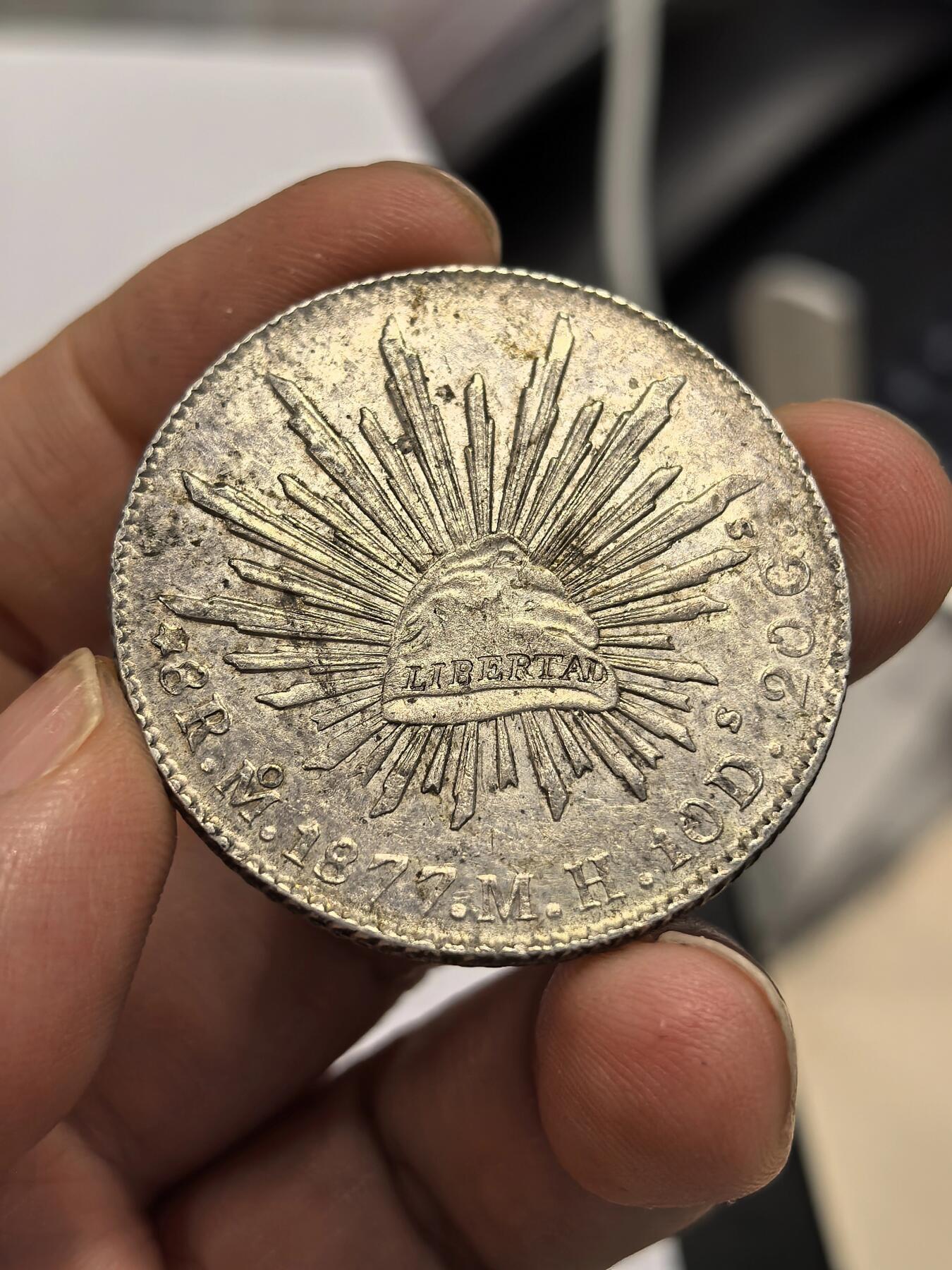 博洋堂世界钱币拍卖第158期（全场包邮） 墨西哥花边鹰洋Mo 1877 MH 8里亚尔 黑油彩包浆