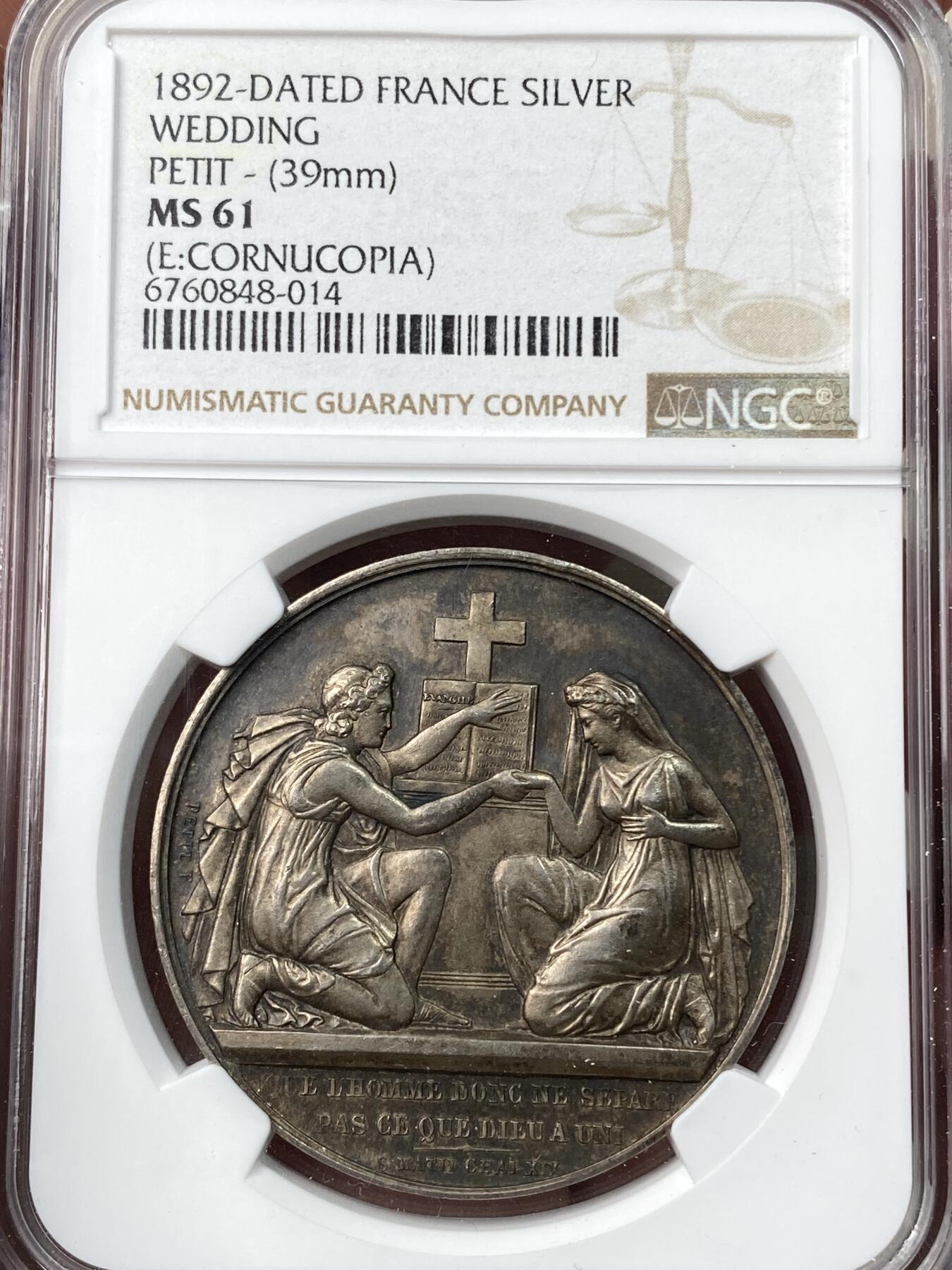万国钱币拍卖第059期 NGC MS61 1892年法国结婚纪念银章 花体字非常漂亮