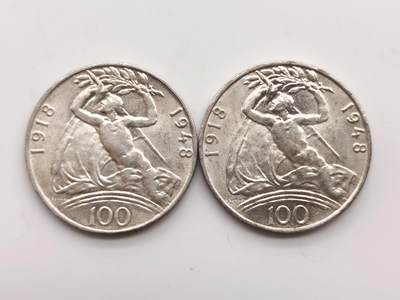 博洋堂世界钱币拍卖第158期（全场包邮） - 捷克斯洛伐克1948年独立纪念100克朗银币一组2枚，原卷品相