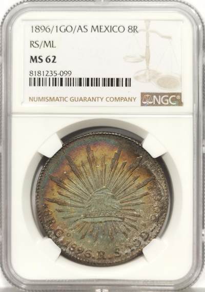 博洋堂世界钱币拍卖第158期（全场包邮） - NGC MS62 墨西哥1896/1年GO/AS RS/ML花边鹰洋，罕见年份、厂别、鉴定师三骑字版，双面极美梦幻五彩月牙包浆