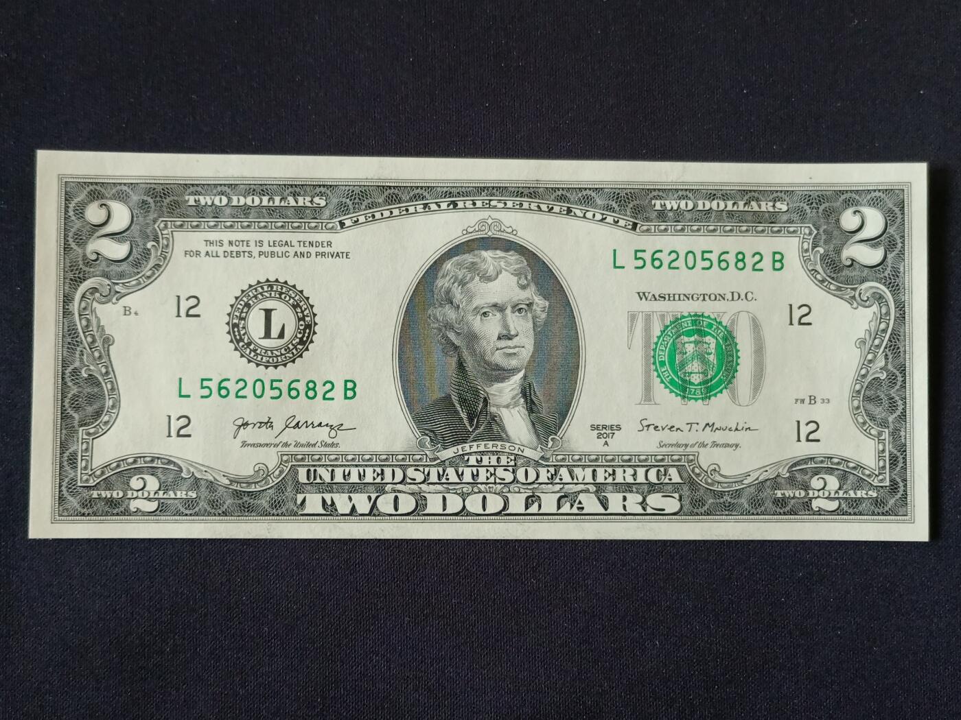 【游宝包邮场】乙巳蛇年第111期 周六集拍 美国-2美元【SERIES-2017A 永恒号L56205682B 全新UNC】