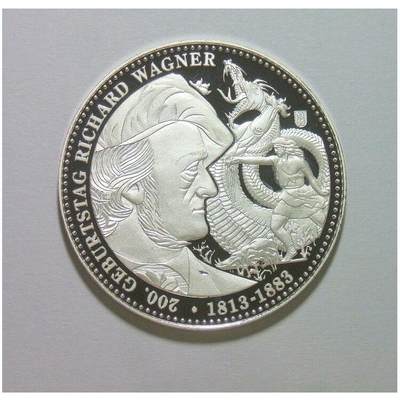 【旋风钱币】1月24日19:00准时开拍 精美欧洲币章、银币银章、第三帝国钱币等 全场包邮！ - 德国2013年 音乐家瓦格纳+欧洲龙+州徽 高浮雕精制镀银章 33MM