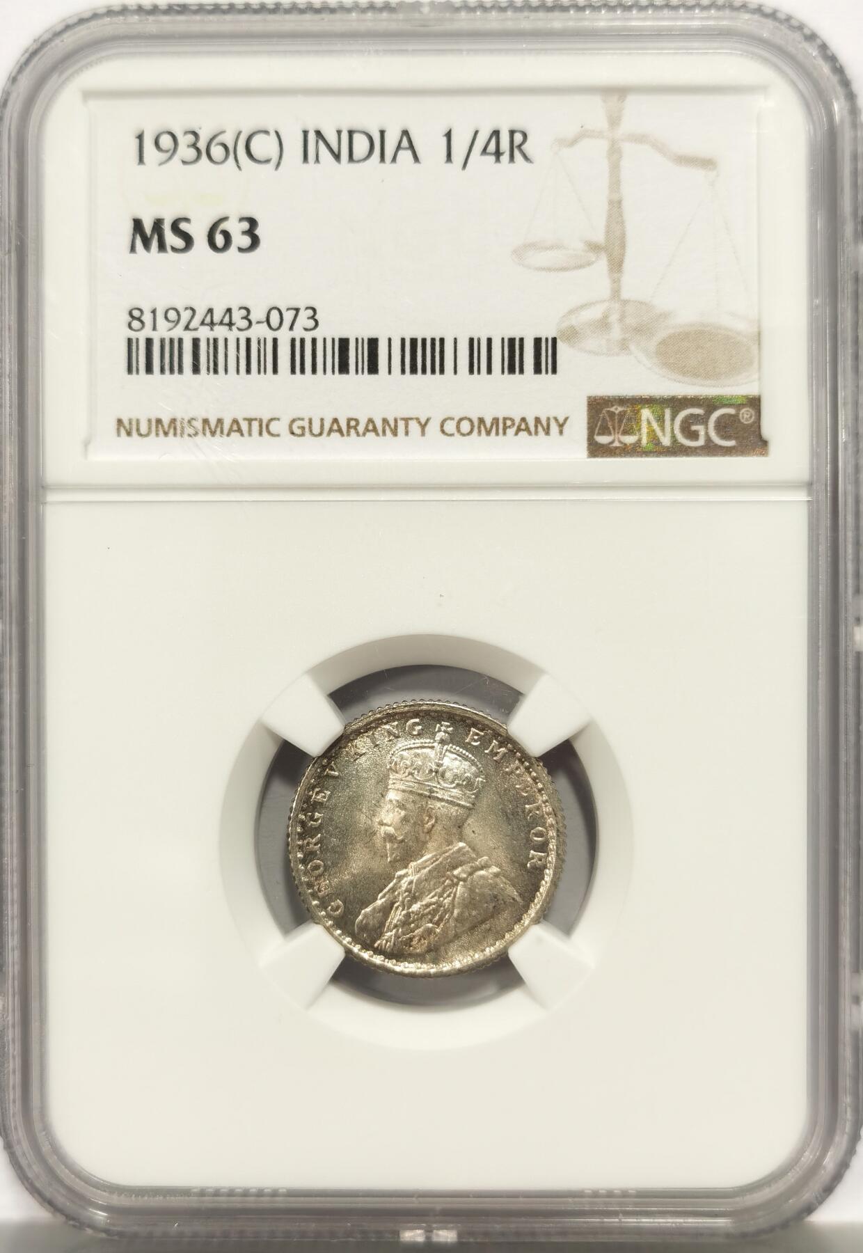 博洋堂世界钱币拍卖第158期（全场包邮） NGC MS63 英属印度1936年C版乔治五世1/4卢比银币