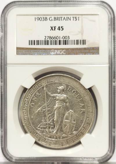 博洋堂世界钱币拍卖第158期（全场包邮） - NGC XF45 1903年B版站洋。仅次于站洋八珍后的非常少见的年份，此枚黄油包浆，状态非常不错，NGC老盒子品质保证