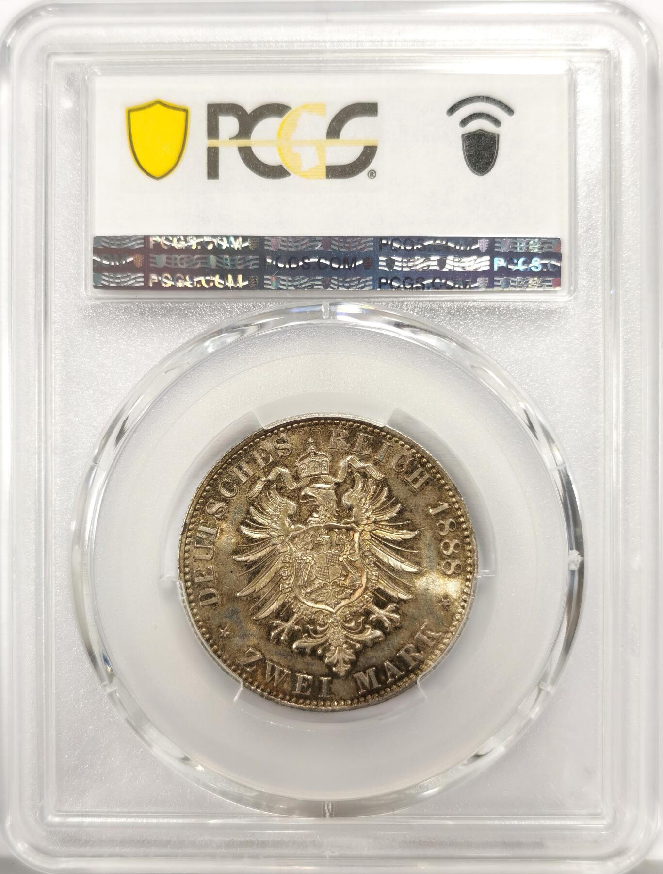 博洋堂世界钱币拍卖第158期（全场包邮） PCGS MS63 德国普鲁士1888年弗里德里希三世短翅鹰 2马克银币，金色包浆，底板丝滑，分数评低了！