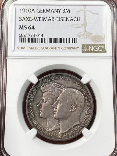 万国钱币拍卖第059期 - NGC MS64 1910年德国萨克森-魏玛-爱森纳赫结婚长翅3马克 紫罗兰包浆收藏级