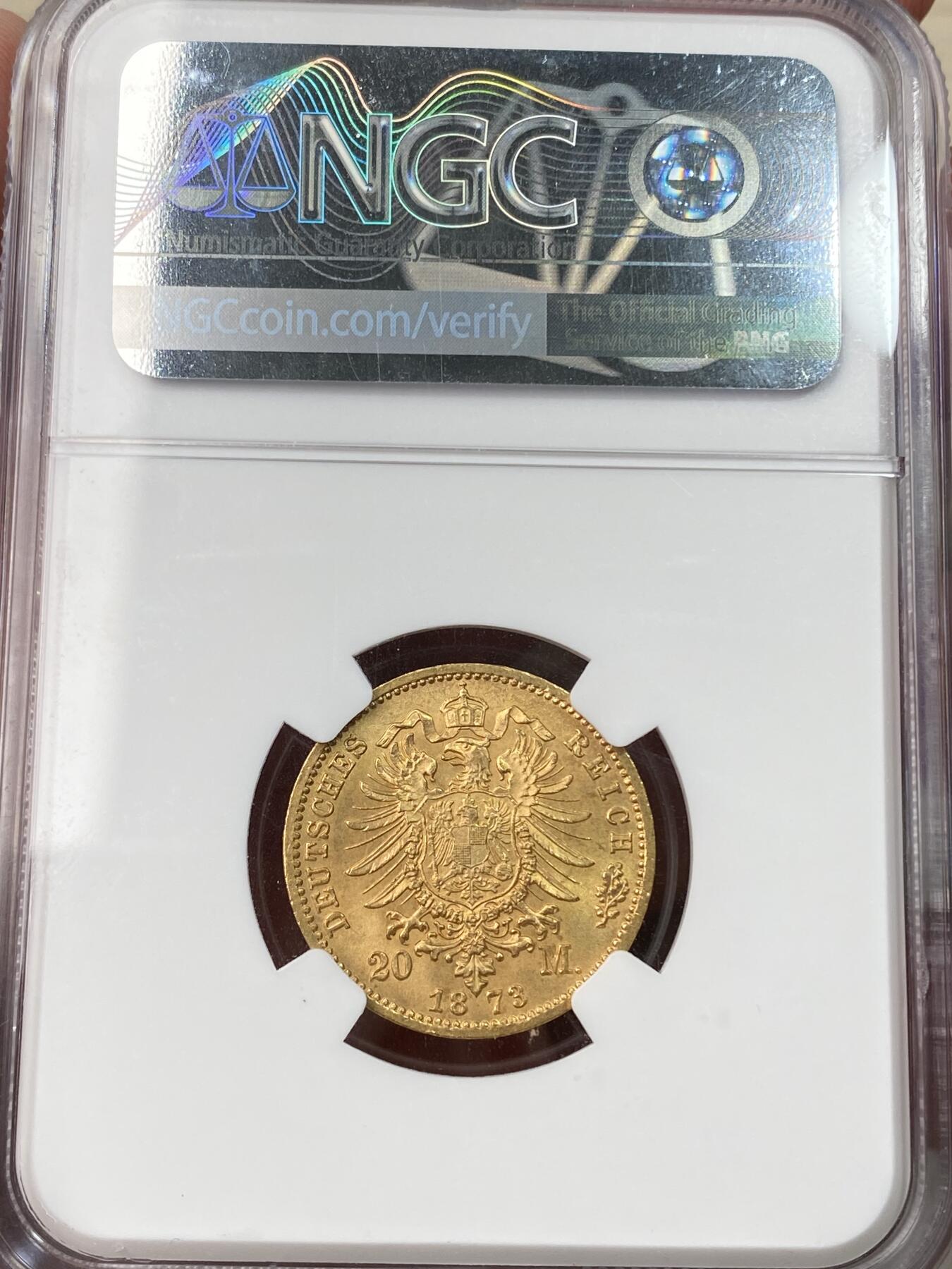 万国钱币拍卖第059期 NGC MS65 1873年德国普鲁士威廉一世短翅流通20马克金币 BU顶级丝滑金光闪耀收藏品质 7.96g 900金