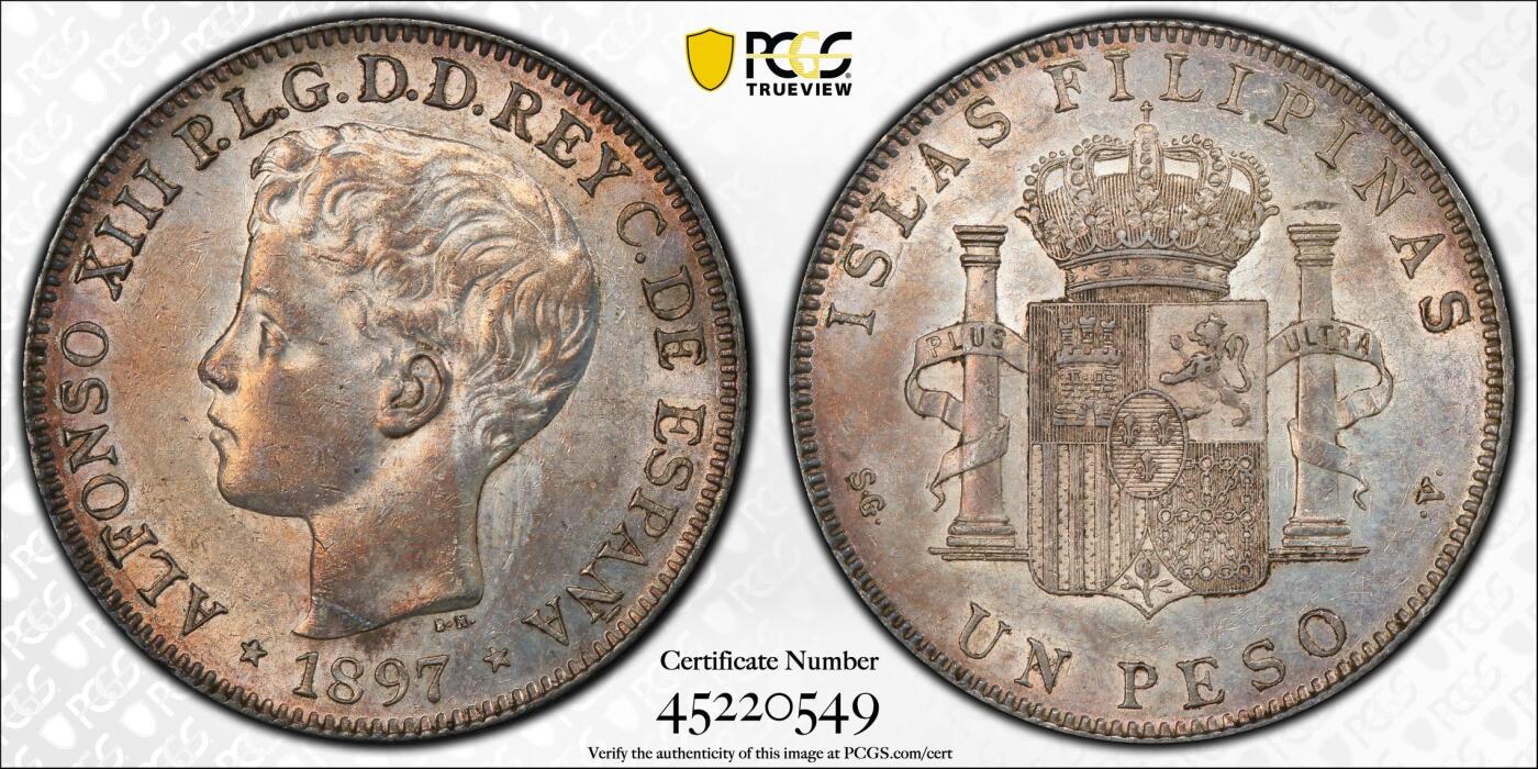 博洋堂世界钱币拍卖第158期（全场包邮） PCGS AU55 1897年西属菲律宾1比索大银币。非常罕见的南亚窖藏石灰五彩包浆，有分极为难得。底板上佳，底光犹存，这个品种AU55分是个坎，博洋堂同分白币此前曾有3800+成交
