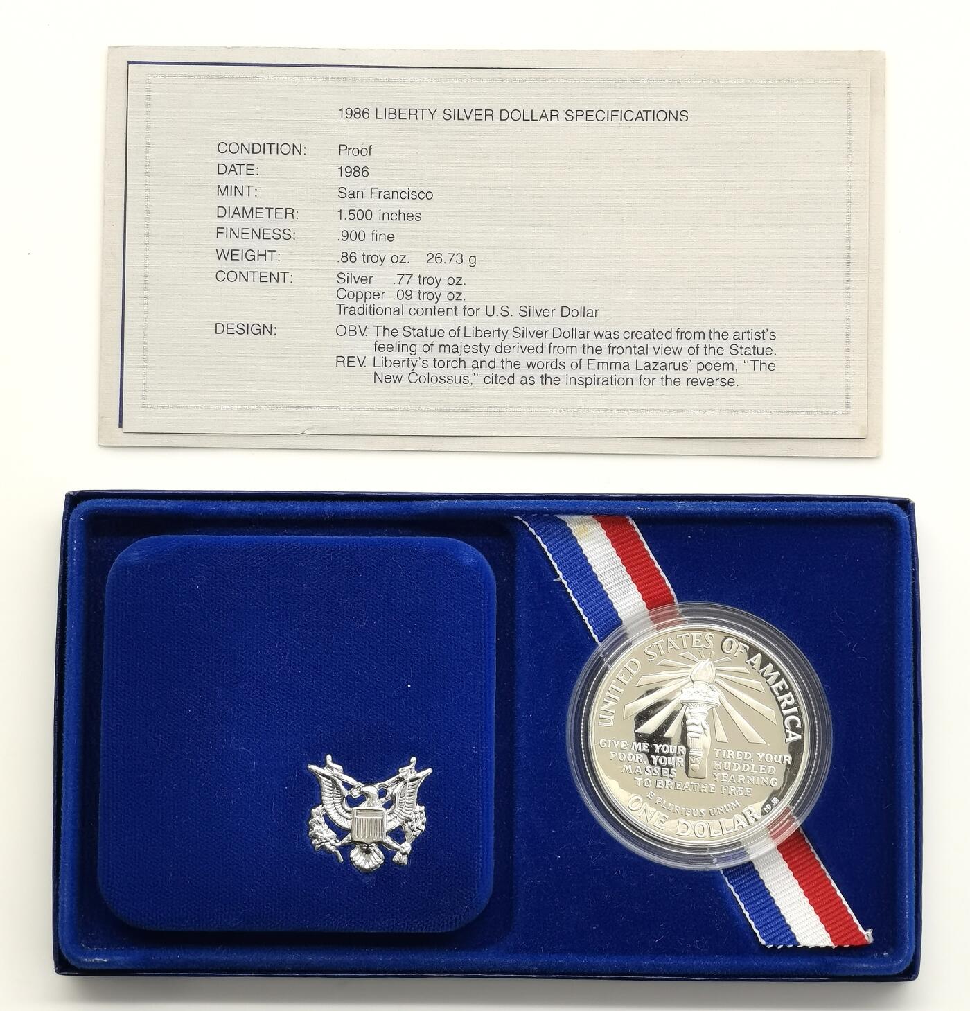 博洋堂世界钱币拍卖第158期（全场包邮） 美国1986年自由女神像27克银币全品未流通，925银带盒证