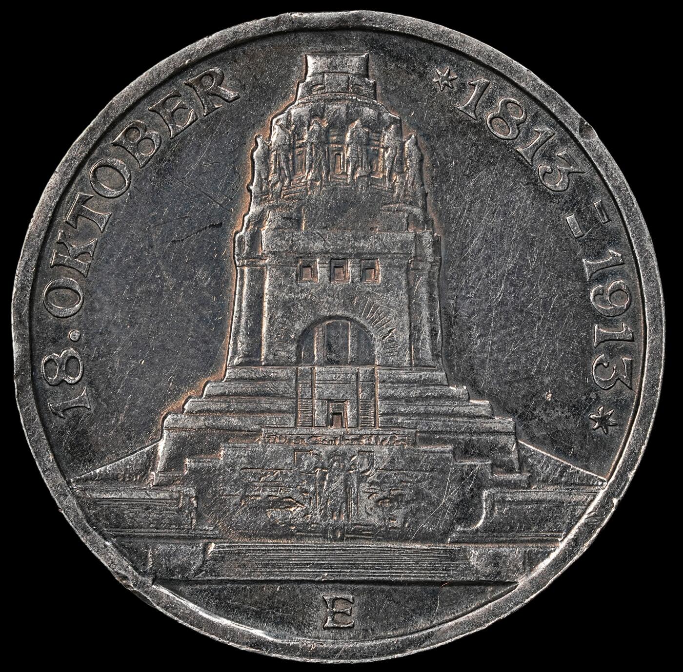 修遠堂世界钱币第102期 1913年萨克森-莱比锡战役百年纪念3马克银币，边磕碰