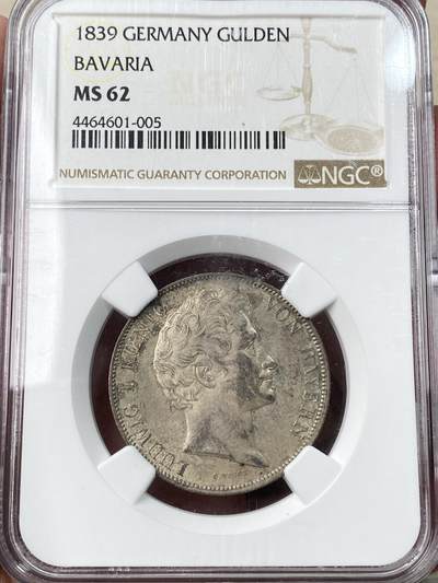 万国钱币拍卖第059期 - NGC MS62 1839年德国巴伐利亚路德维希一世1古尔登银币 好品难得的路一流通品种 原味德系淡彩