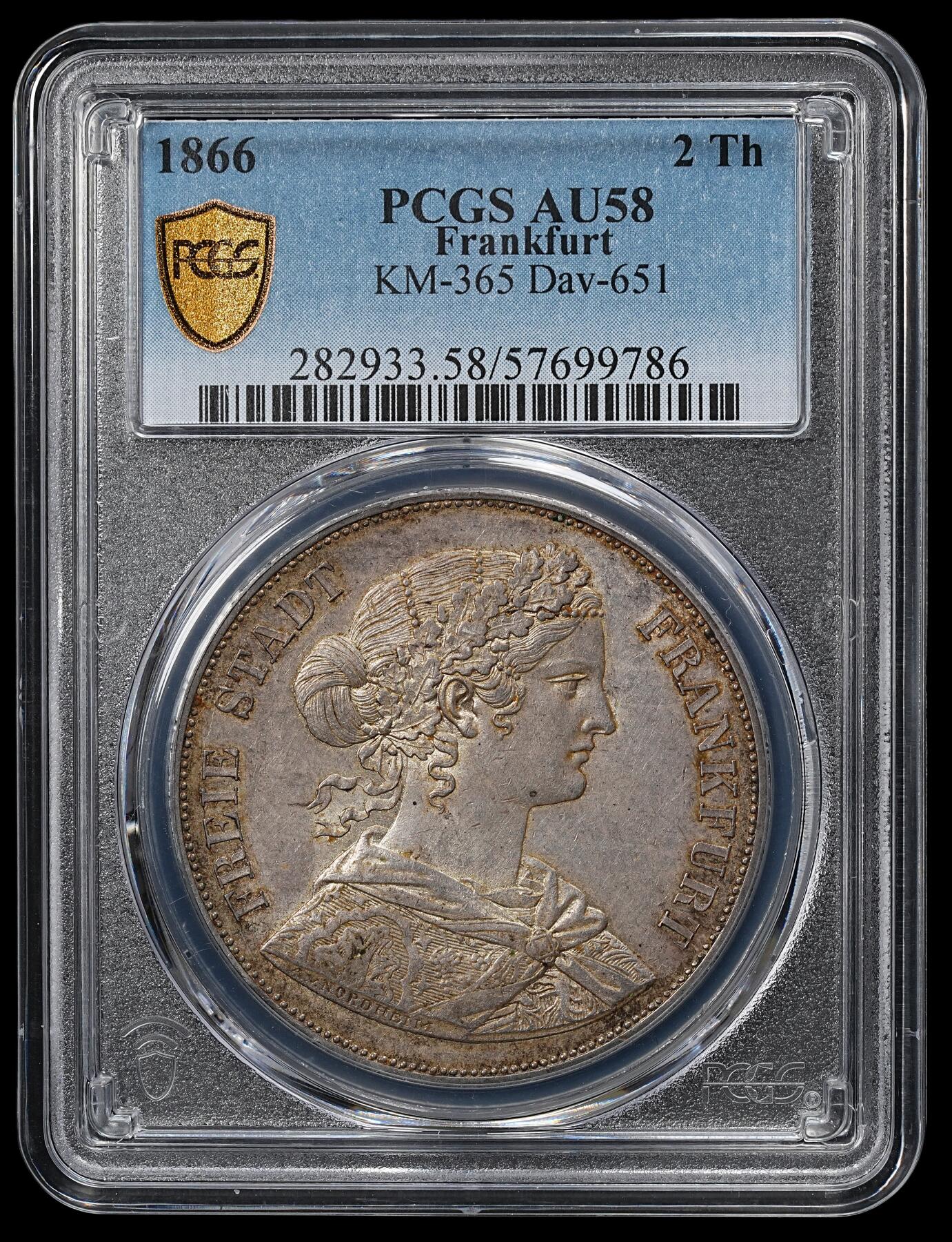 修遠堂世界钱币第102期 PCGS AU58 1866年法兰克福2泰勒大银币