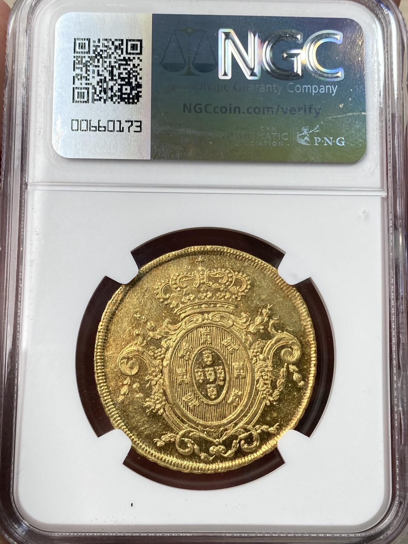 万国钱币拍卖第059期 NGC MS61 1814年巴西摄政皇太子若昂六世6400瑞斯金币 里约热内卢造币厂铸 其规格等同于西班牙4埃斯库多 全深打发丝根根可数 14.34g