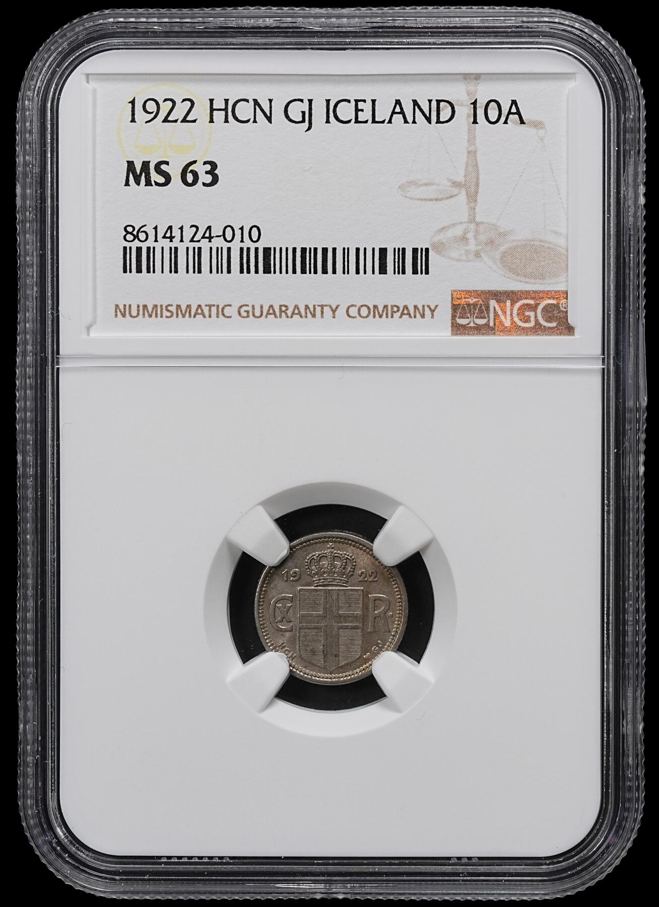 修遠堂世界钱币第102期 NGC MS63 1922年冰岛10 AURAR