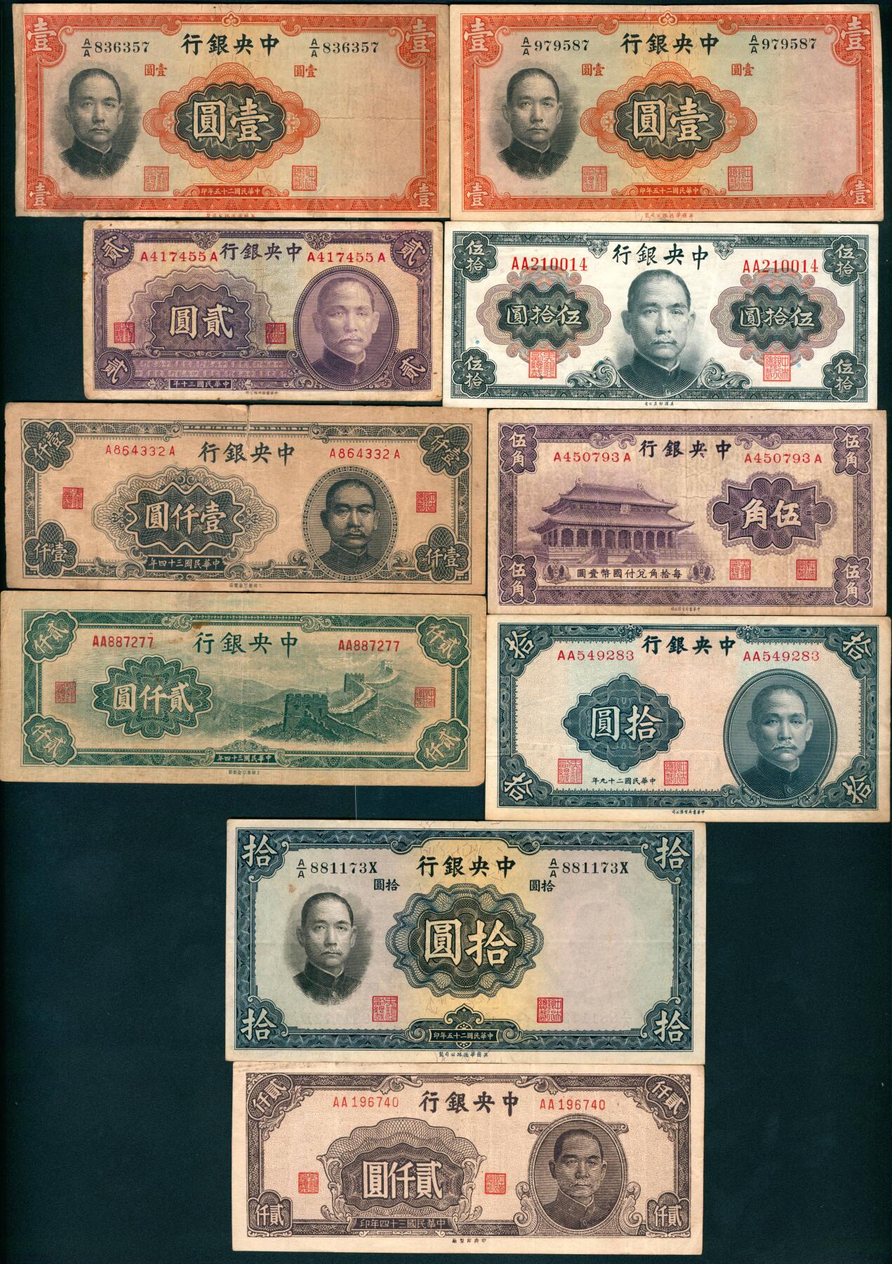 上海炎玺拍卖 玺盛典藏 民国面值纸币一组10枚