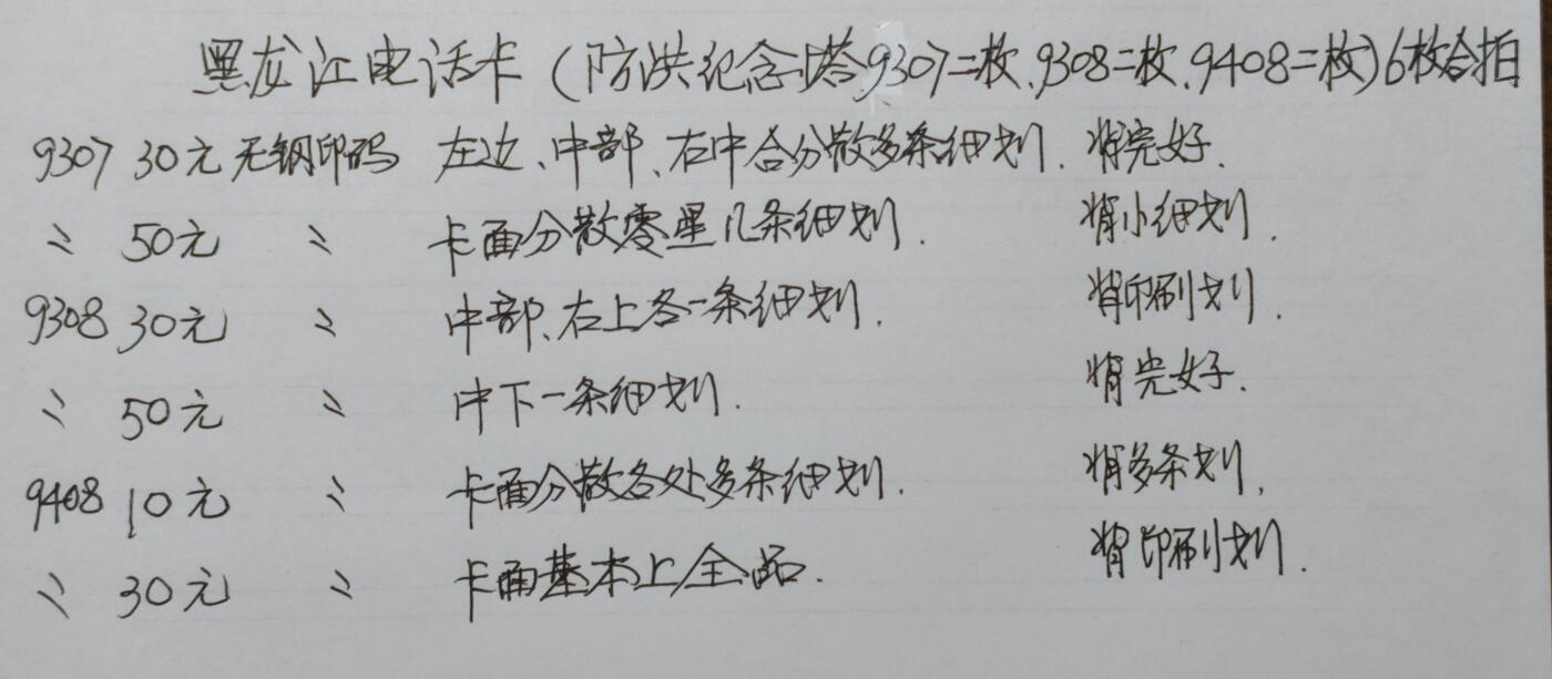 公藏第61期裸卡拍卖 黑龙江电话卡（防洪纪念塔9307二枚，9308二枚，9408二枚）6枚合拍。