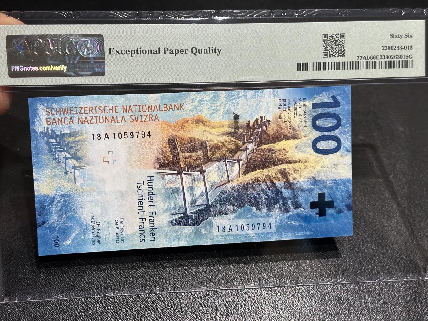 《外钞收藏家》第六百零四期（精品场）（本平台长期征集拍品、欢迎藏友们联系合作） 2018年瑞士手版100法郎 PMG66 首发A冠
