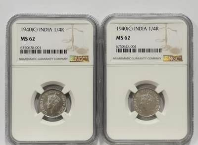 博洋堂世界钱币拍卖第159期（全场包邮） - NGC MS62 英属印度1940年C版乔治六世1/4卢比银币一组2枚