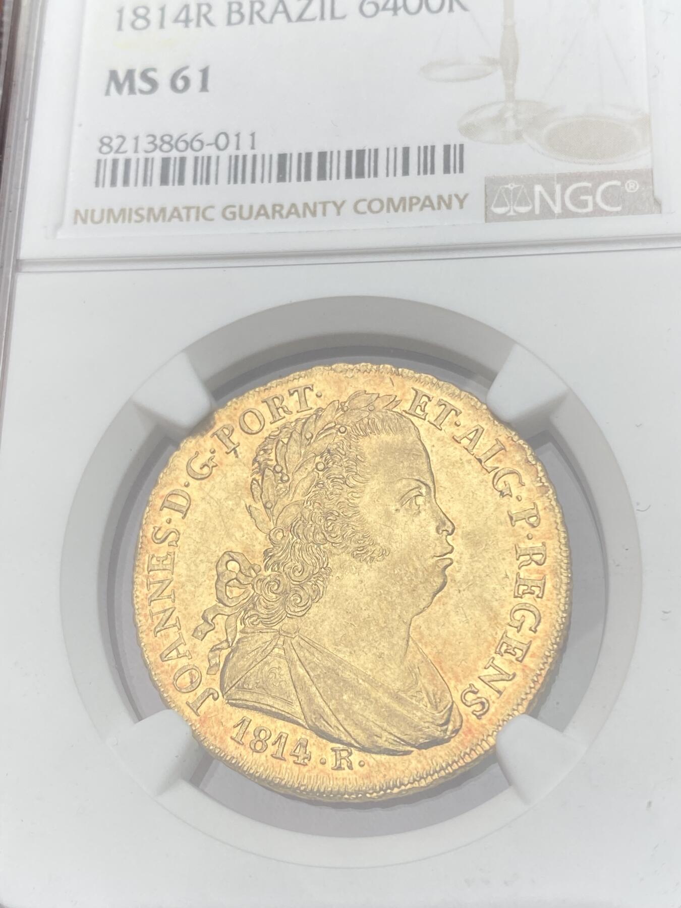 万国钱币拍卖第059期 NGC MS61 1814年巴西摄政皇太子若昂六世6400瑞斯金币 里约热内卢造币厂铸 其规格等同于西班牙4埃斯库多 全深打发丝根根可数 14.34g