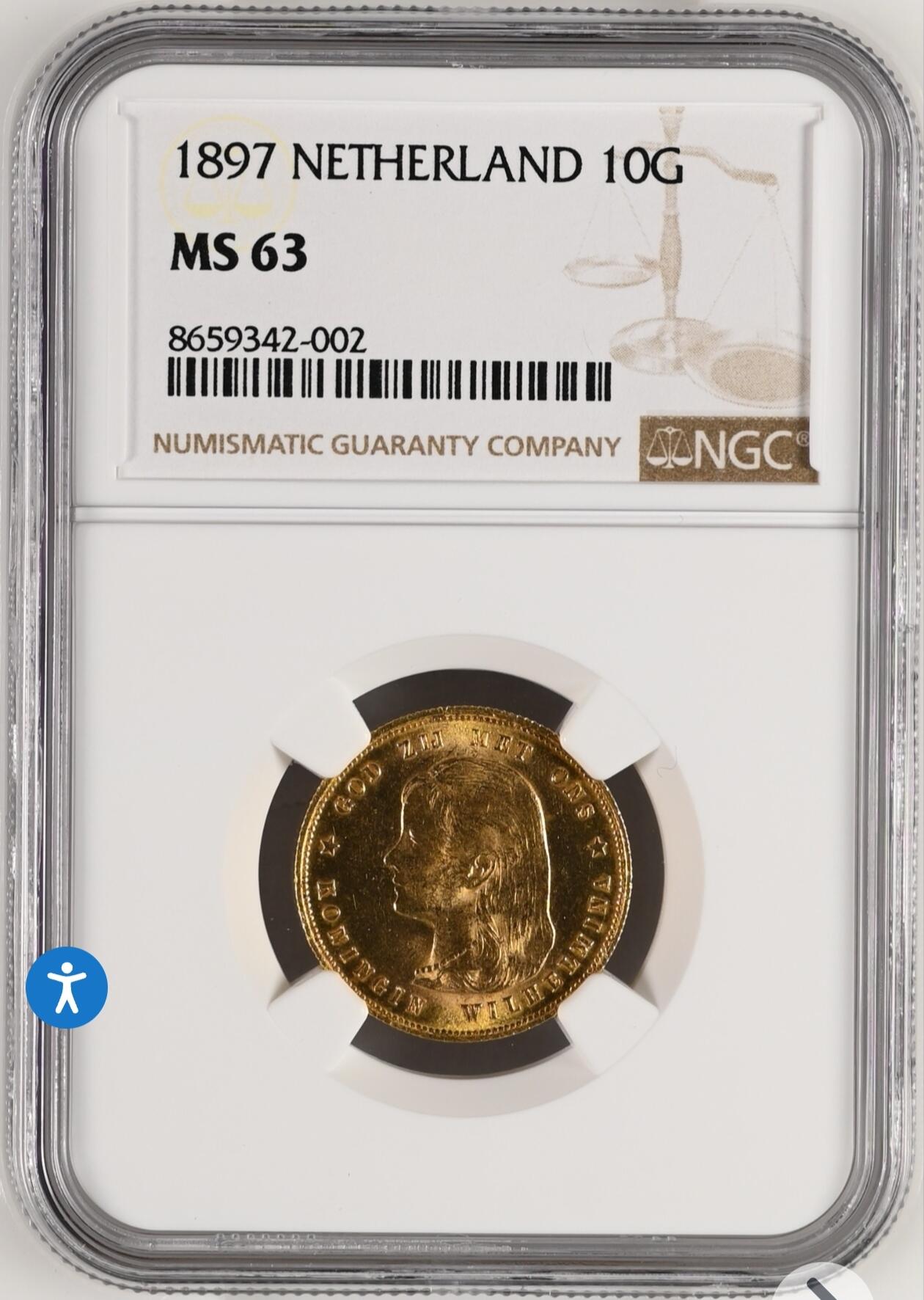 NGC-MS63荷兰1897年威廉明娜女王10盾金币金萝莉