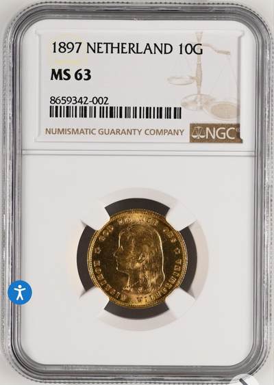 NGC-MS63荷兰1897年威廉明娜女王10盾金币金萝莉 - NGC-MS63荷兰1897年威廉明娜女王10盾金币金萝莉