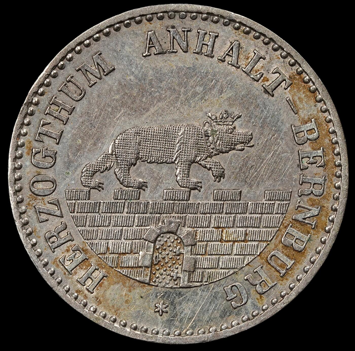 修遠堂世界钱币第102期 1862 年由 安哈尔特 - 贝恩堡公国 1/6 泰勒银币，5.33g