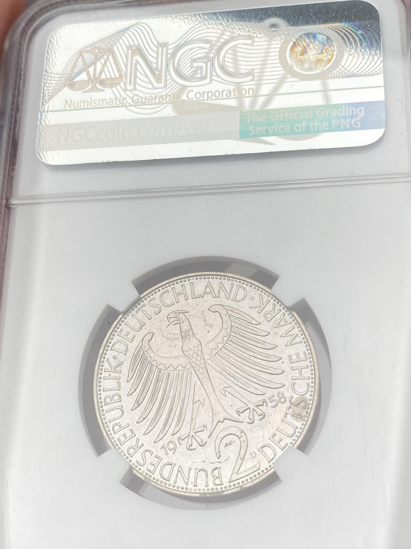 万国钱币拍卖第059期 NGC PF65 1958年德国马克斯·普朗克纪念2马克镍币 马克斯·普朗克是量子力学创始人之一 精制喷砂质感BU收藏级