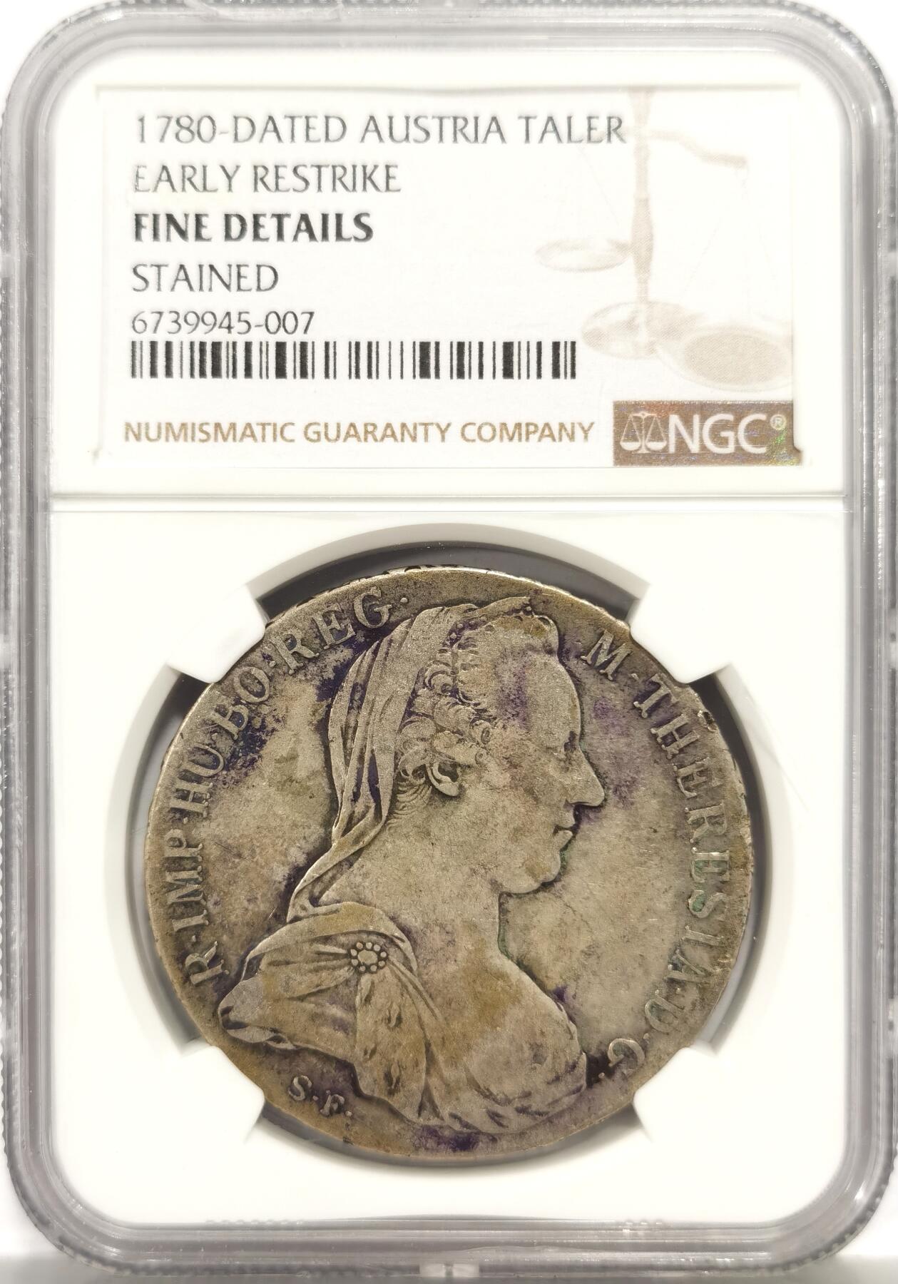 博洋堂世界钱币拍卖第158期（全场包邮） NGC Fine 奥地利1780年特蕾莎大奶妈银币，早期后铸版
