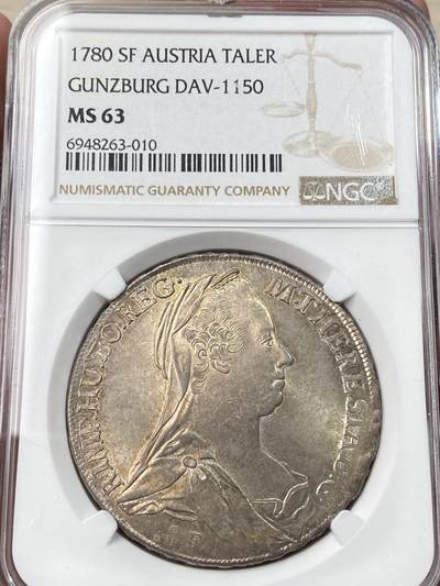 万国钱币拍卖第059期 - NGC MS63 1780神圣神罗帝国玛利亚特蕾莎女皇双头鹰大泰勒 在1789~1792之间由根茨堡铸造 好品难得 原味淡金彩车轮转光 收藏级品质