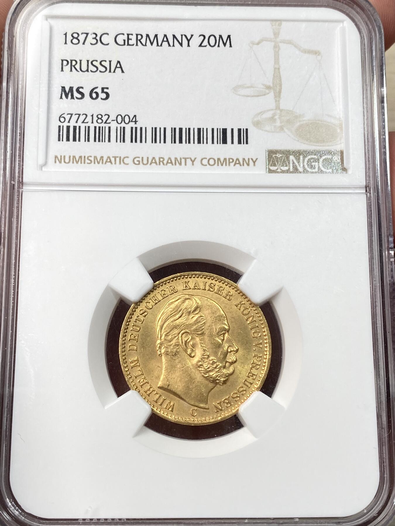 万国钱币拍卖第059期 NGC MS65 1873年德国普鲁士威廉一世短翅流通20马克金币 BU顶级丝滑金光闪耀收藏品质 7.96g 900金