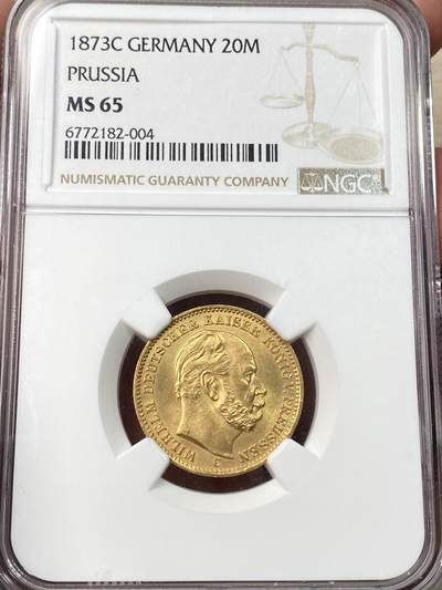万国钱币拍卖第059期 - NGC MS65 1873年德国普鲁士威廉一世短翅流通20马克金币 BU顶级丝滑金光闪耀收藏品质 7.96g 900金