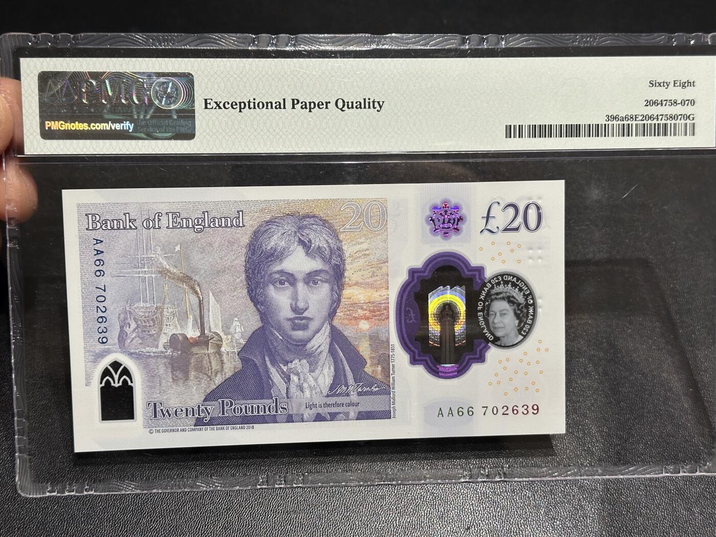《外钞收藏家》第六百零四期（精品场）（本平台长期征集拍品、欢迎藏友们联系合作） 2018年英国女王版塑料钞20镑 PMG68 无4