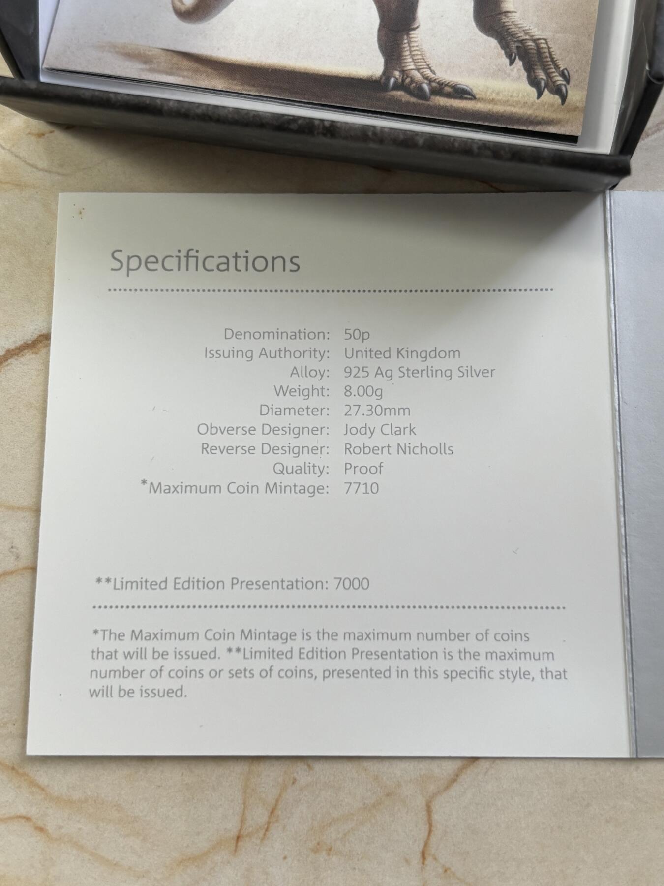 第189期拍卖 英国2020年自然博物馆恐龙系列斑龙纪念彩色银币，925银，8克，发行7000枚