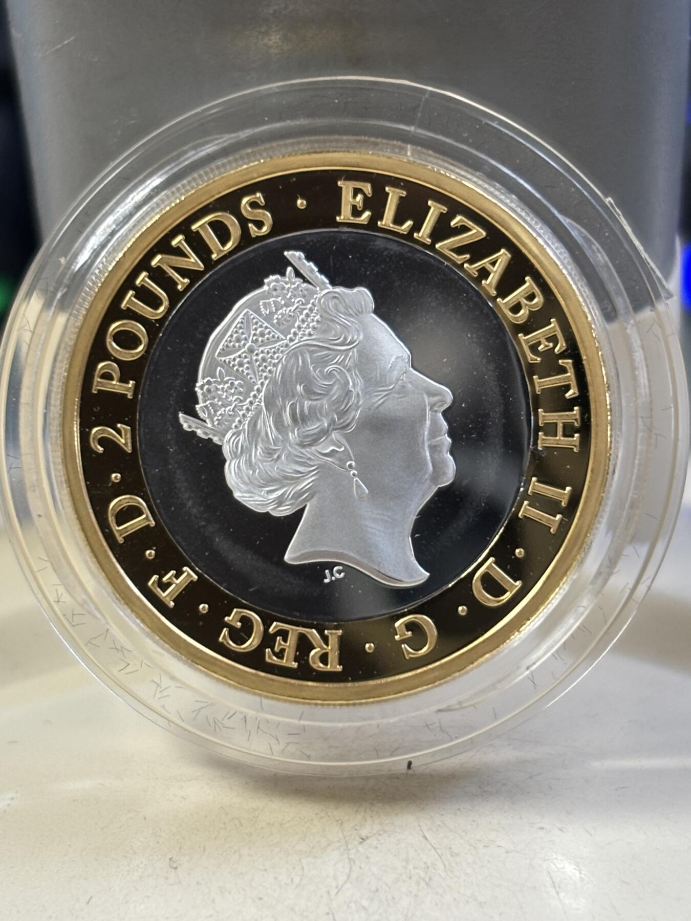 第189期拍卖 英国2018年科学怪人2镑双色加厚精制纪念银币，925银镀金，24克，发行1818枚