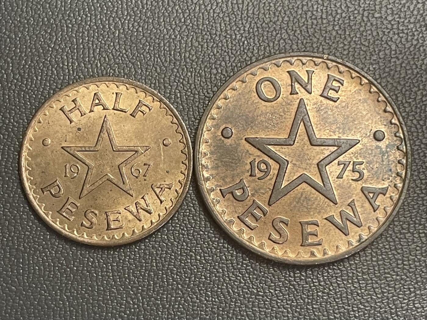 回流0125 加纳1967年、1975年半比塞瓦、1比塞瓦铜币 邓邓鼓/五角星