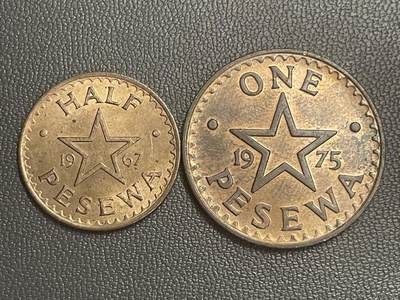 回流0125 - 加纳1967年、1975年半比塞瓦、1比塞瓦铜币 邓邓鼓/五角星