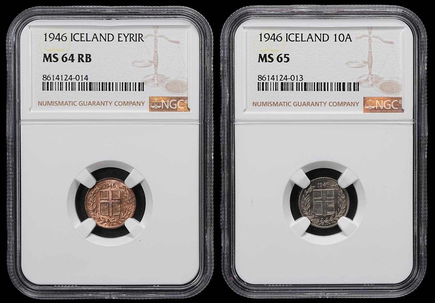 修遠堂世界钱币第102期 NGC评级 1946年冰岛钱币2枚