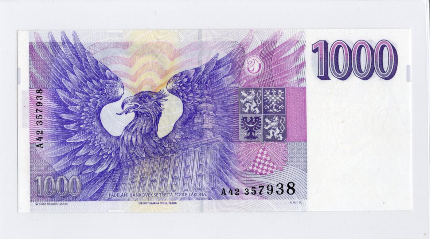 徐霞客拍卖首拍 捷克	P-8 1993年1000克朗	A42 357938  unc-		捷克共和国在1993年“天鹅绒分离”后发行的首版纸币之一，见证了捷克从捷克斯洛伐克联邦独立、建立全新国家货币体系的关键历史节点。				