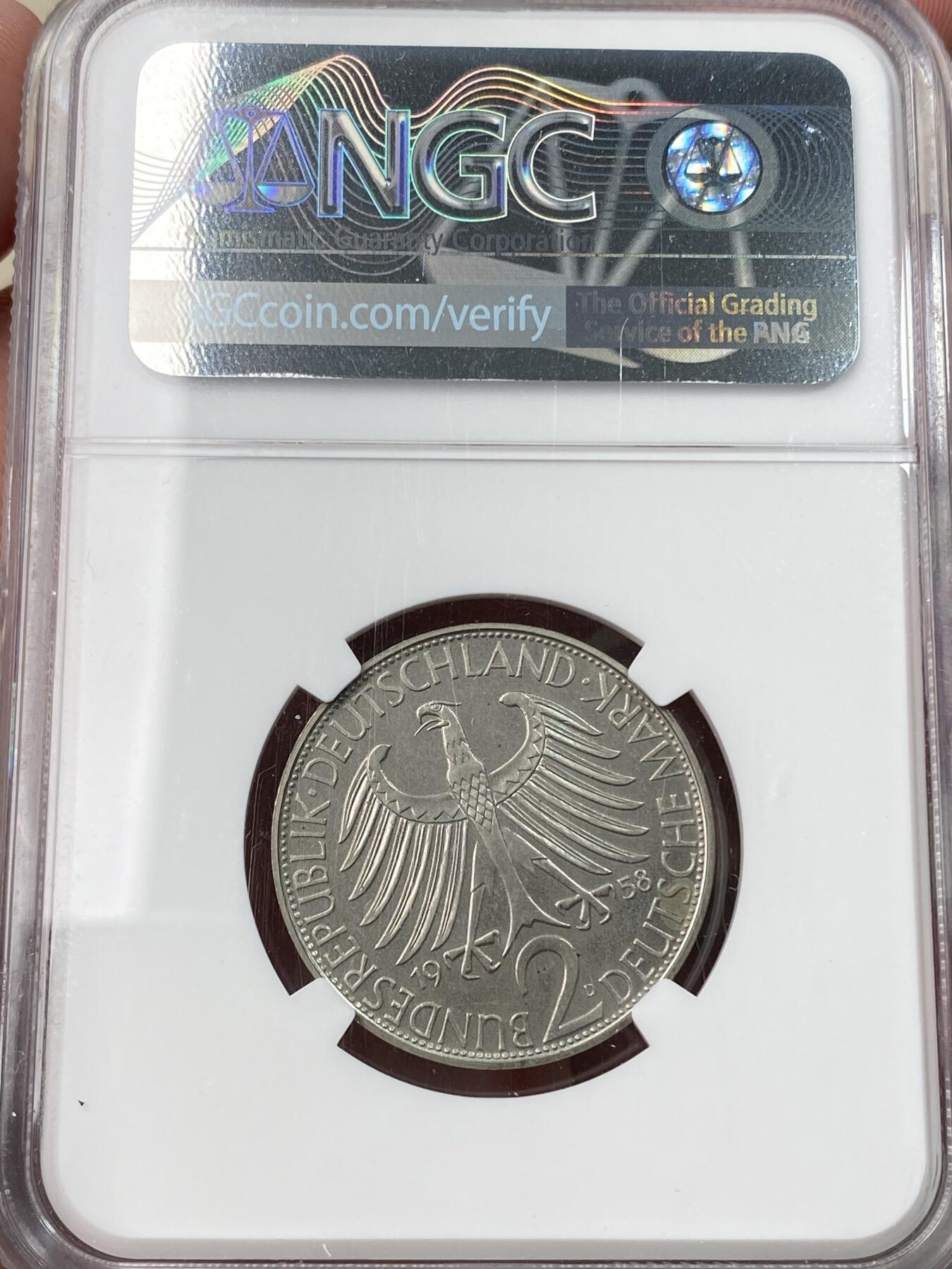 万国钱币拍卖第059期 NGC PF65 1958年德国马克斯·普朗克纪念2马克镍币 马克斯·普朗克是量子力学创始人之一 精制喷砂质感BU收藏级