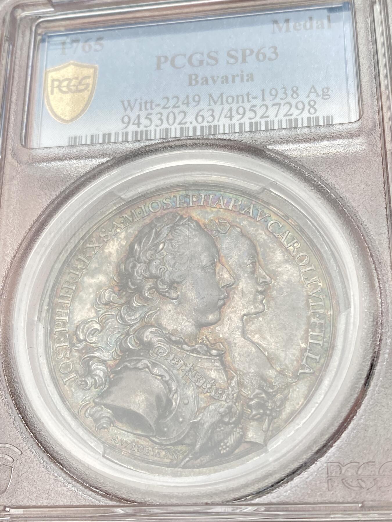 万国钱币拍卖第059期 PCGS SP63 PCGS SP63 1765年巴伐利亚马克西米利安三世的皇妹约瑟夫与奥地利皇帝约瑟夫二世结婚纪念大银章 罕见品种 保存状态极佳的18世纪帝国高浮雕结婚系列 无论是人物还是景观刻画都精细无比精美绝伦的古典艺术品 PC唯一冠军分