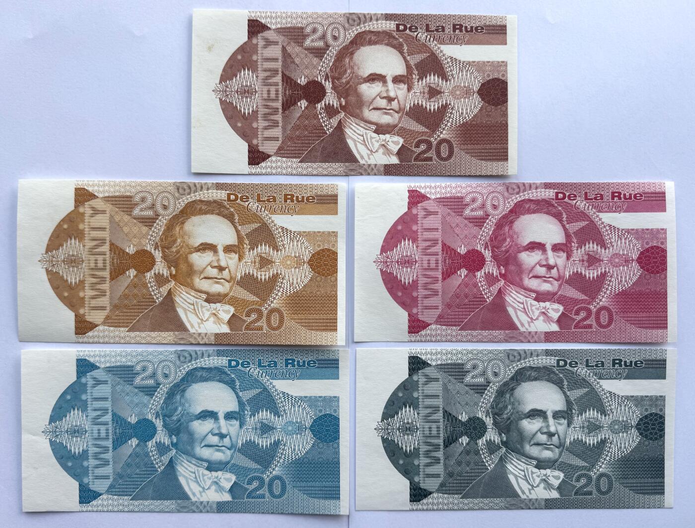 2026第2场（总第229期）：精品测试钞、连体钞综合场 德纳罗DLR  “查尔斯.巴贝奇～货币系列”20面值单面凹印测试钞全套5枚UNC（个别有瑕疵）