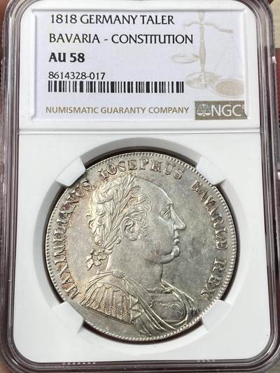 万国钱币拍卖第059期 - NGC AU58 1818年德国巴伐利亚马克西米利安一世宪法纪念大泰勒 南德经典名誉品种 别出心裁的立方体设计 淡彩环绕