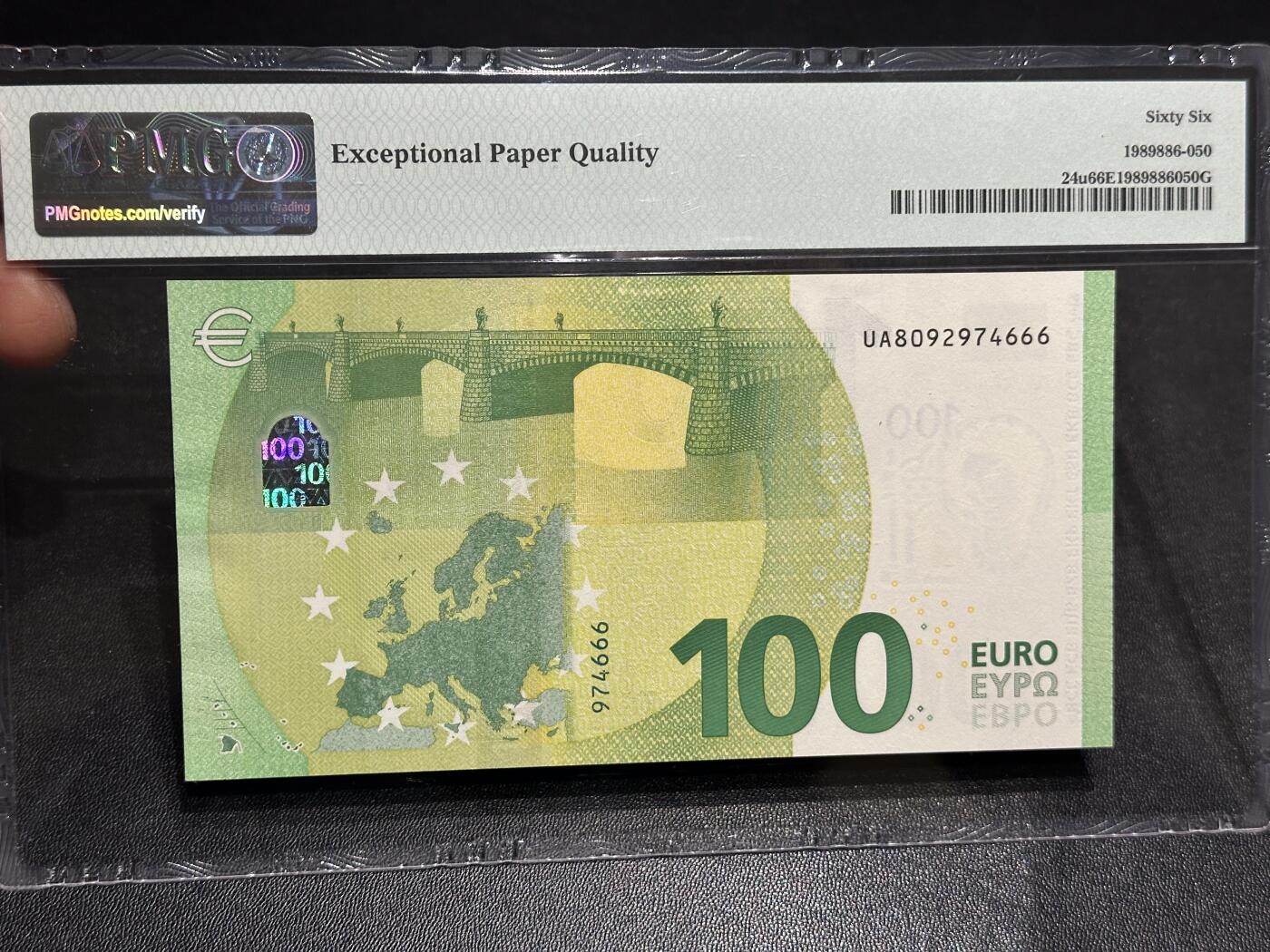 《外钞收藏家》第六百零四期（精品场）（本平台长期征集拍品、欢迎藏友们联系合作） 2019年三签100欧元 PMG66 豹子号666
