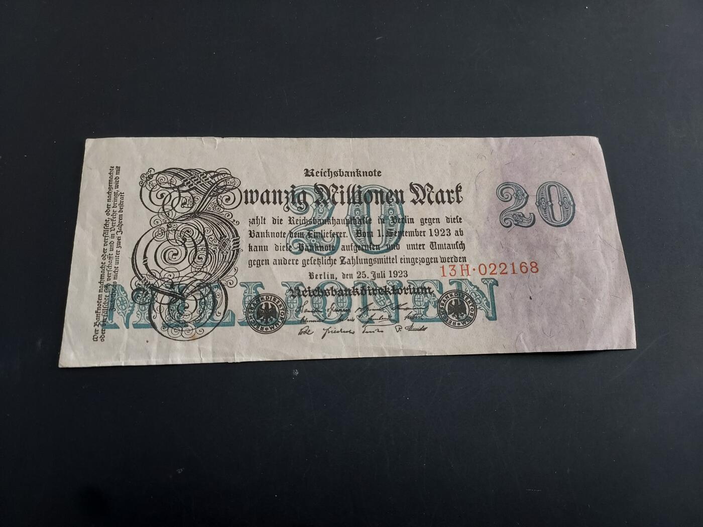 博彦收藏   1月28日 8点 钱币专场 全场包邮 德国 魏玛共和国国库券 20M 流通品