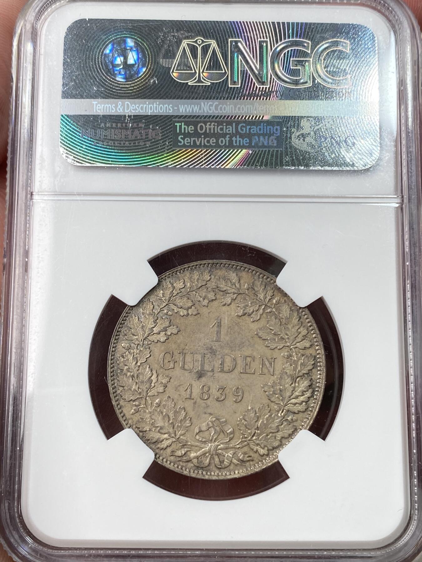 万国钱币拍卖第059期 NGC MS62 1839年德国巴伐利亚路德维希一世1古尔登银币 好品难得的路一流通品种 原味德系淡彩