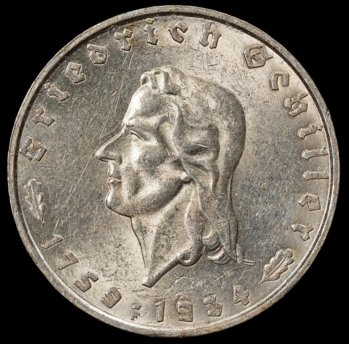 修遠堂世界钱币第102期 1934年德国诗人弗里德里希・席勒逝世150周年2马克银币，转光未流通，币面有清漆